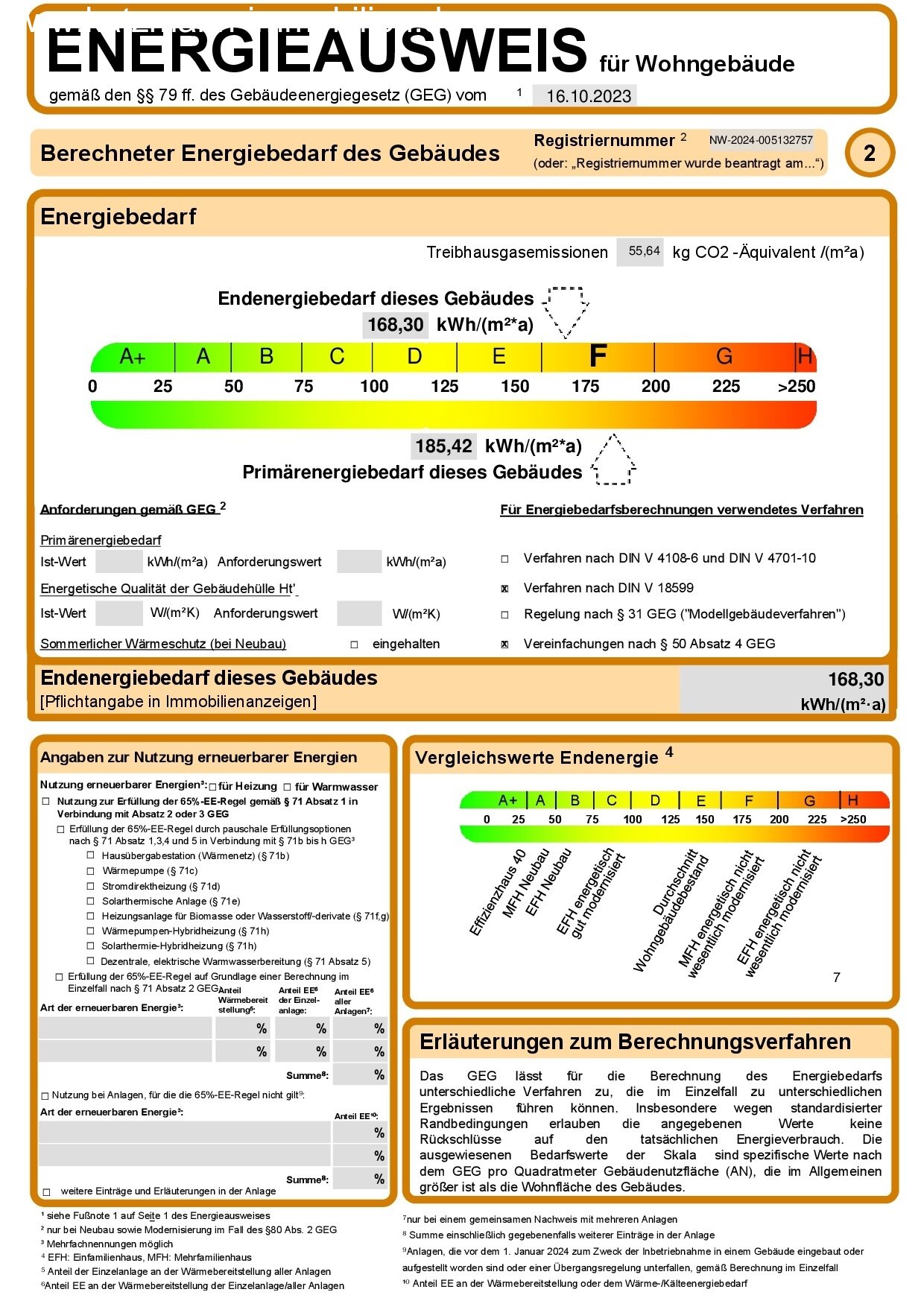 Energiekennziffer "F"  mit 168,30 kWh/(m²*a)